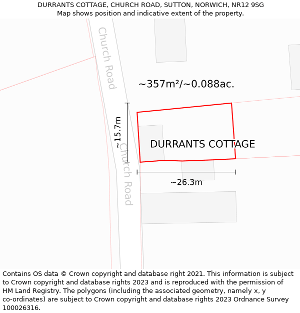 DURRANTS COTTAGE, CHURCH ROAD, SUTTON, NORWICH, NR12 9SG: Plot and title map