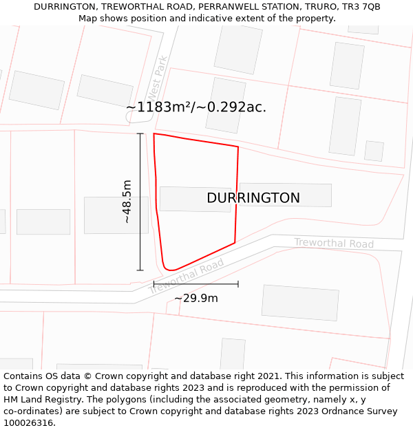 DURRINGTON, TREWORTHAL ROAD, PERRANWELL STATION, TRURO, TR3 7QB: Plot and title map