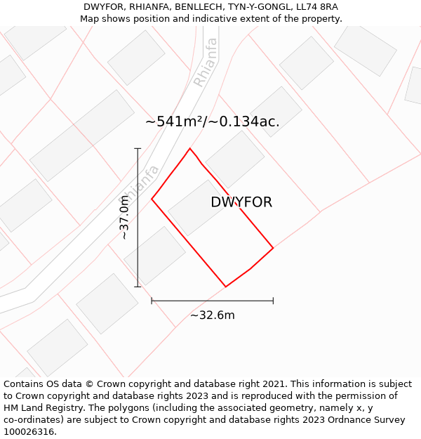 DWYFOR, RHIANFA, BENLLECH, TYN-Y-GONGL, LL74 8RA: Plot and title map