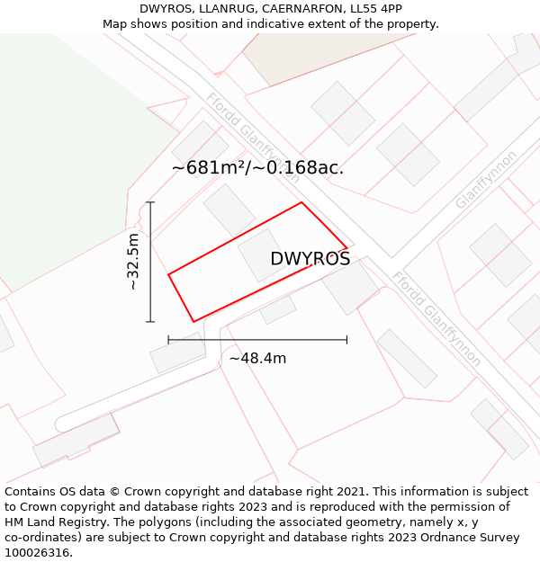 DWYROS, LLANRUG, CAERNARFON, LL55 4PP: Plot and title map