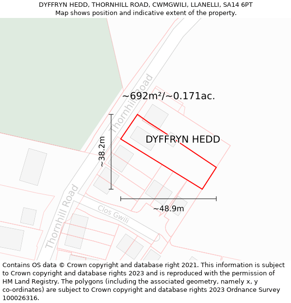 DYFFRYN HEDD, THORNHILL ROAD, CWMGWILI, LLANELLI, SA14 6PT: Plot and title map