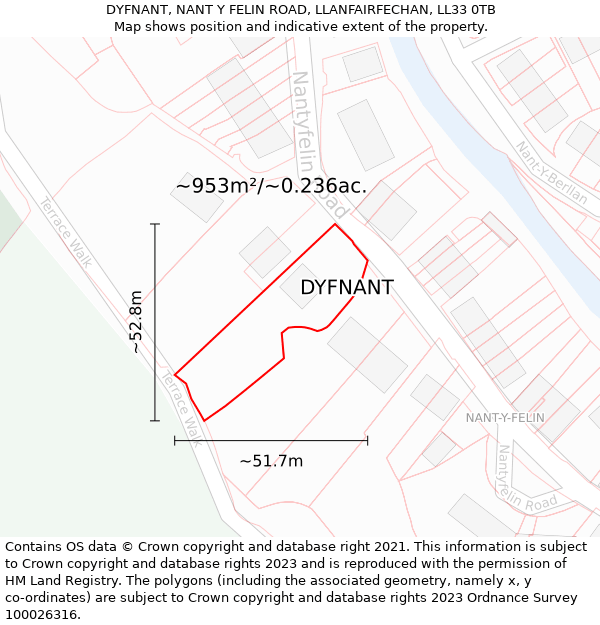 DYFNANT, NANT Y FELIN ROAD, LLANFAIRFECHAN, LL33 0TB: Plot and title map