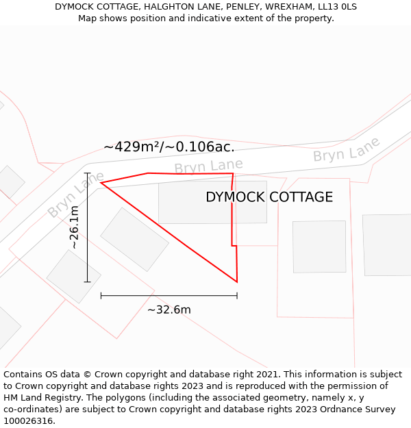 DYMOCK COTTAGE, HALGHTON LANE, PENLEY, WREXHAM, LL13 0LS: Plot and title map