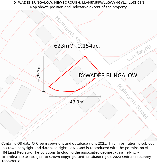 DYWADES BUNGALOW, NEWBOROUGH, LLANFAIRPWLLGWYNGYLL, LL61 6SN: Plot and title map