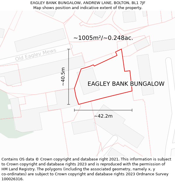 EAGLEY BANK BUNGALOW, ANDREW LANE, BOLTON, BL1 7JF: Plot and title map