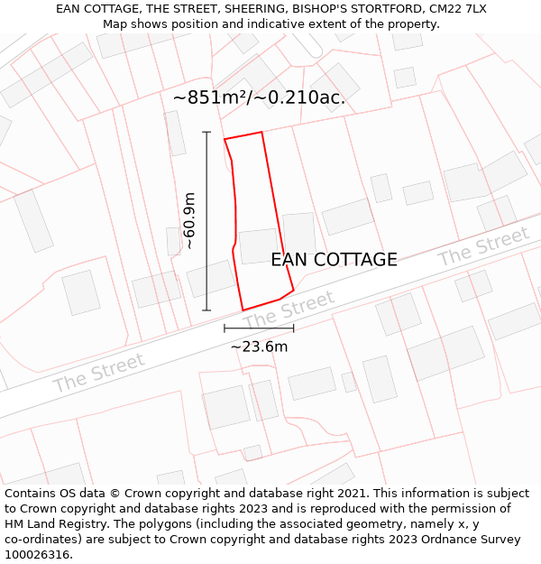 EAN COTTAGE, THE STREET, SHEERING, BISHOP'S STORTFORD, CM22 7LX: Plot and title map