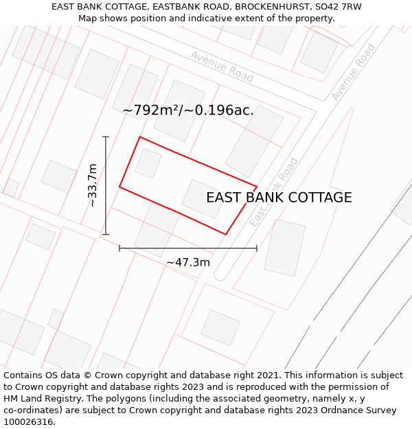 EAST BANK COTTAGE, EASTBANK ROAD, BROCKENHURST, SO42 7RW: Plot and title map