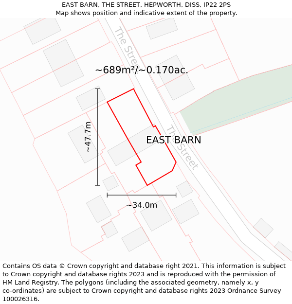 EAST BARN, THE STREET, HEPWORTH, DISS, IP22 2PS: Plot and title map