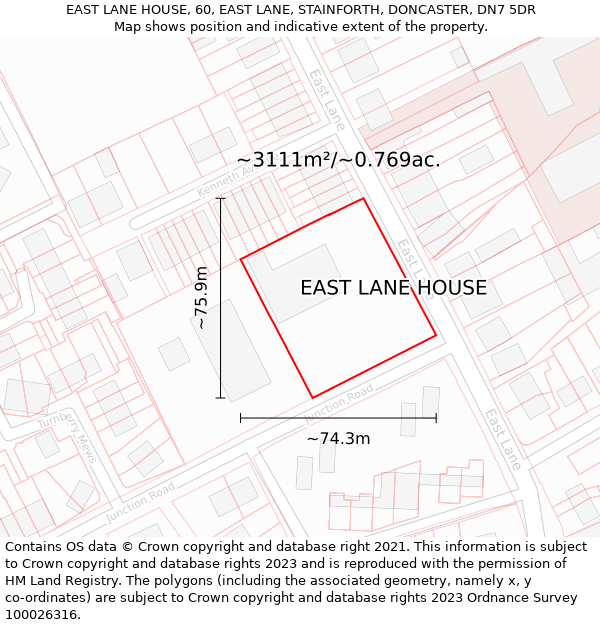 EAST LANE HOUSE, 60, EAST LANE, STAINFORTH, DONCASTER, DN7 5DR: Plot and title map