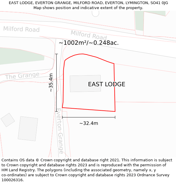 EAST LODGE, EVERTON GRANGE, MILFORD ROAD, EVERTON, LYMINGTON, SO41 0JG: Plot and title map