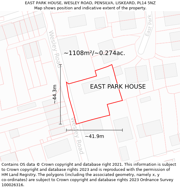 EAST PARK HOUSE, WESLEY ROAD, PENSILVA, LISKEARD, PL14 5NZ: Plot and title map