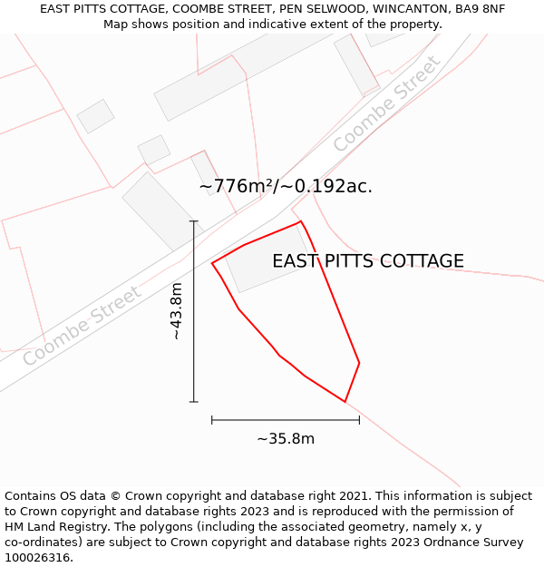 EAST PITTS COTTAGE, COOMBE STREET, PEN SELWOOD, WINCANTON, BA9 8NF: Plot and title map