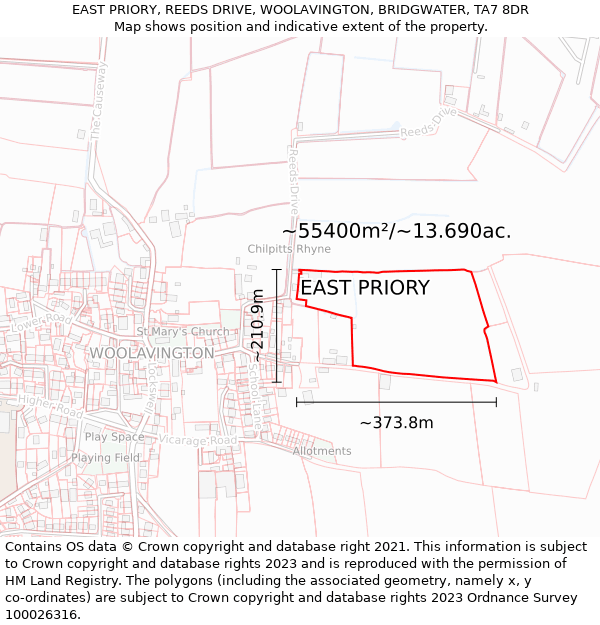 EAST PRIORY, REEDS DRIVE, WOOLAVINGTON, BRIDGWATER, TA7 8DR: Plot and title map