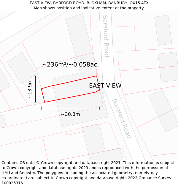 EAST VIEW, BARFORD ROAD, BLOXHAM, BANBURY, OX15 4EX: Plot and title map