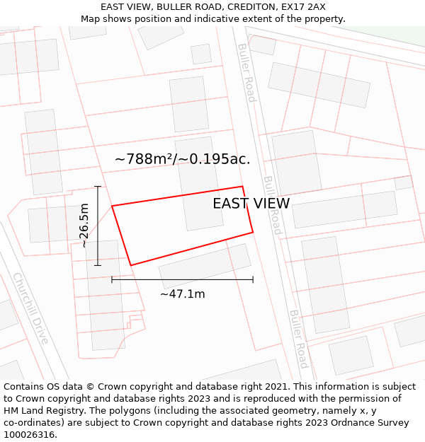 EAST VIEW, BULLER ROAD, CREDITON, EX17 2AX: Plot and title map