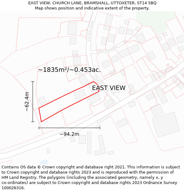 EAST VIEW, CHURCH LANE, BRAMSHALL, UTTOXETER, ST14 5BQ: Plot and title map