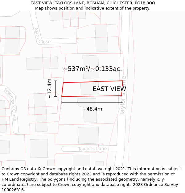 EAST VIEW, TAYLORS LANE, BOSHAM, CHICHESTER, PO18 8QQ: Plot and title map