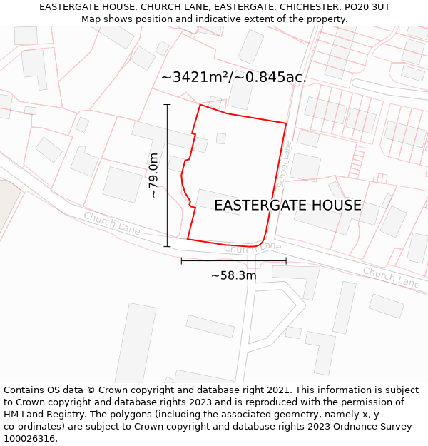 EASTERGATE HOUSE, CHURCH LANE, EASTERGATE, CHICHESTER, PO20 3UT: Plot and title map