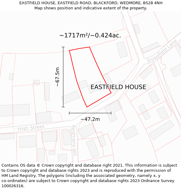 EASTFIELD HOUSE, EASTFIELD ROAD, BLACKFORD, WEDMORE, BS28 4NH: Plot and title map