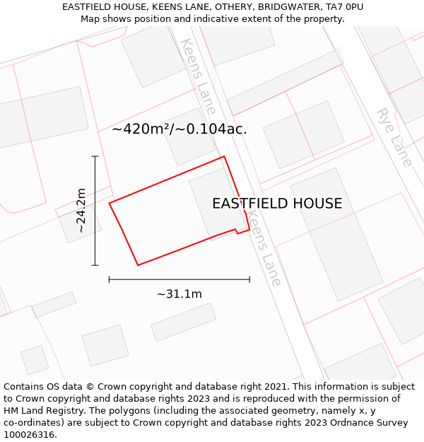 EASTFIELD HOUSE, KEENS LANE, OTHERY, BRIDGWATER, TA7 0PU: Plot and title map