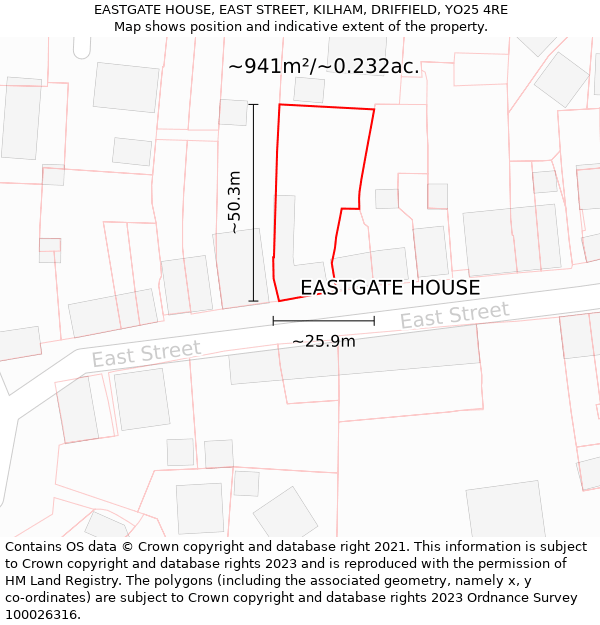 EASTGATE HOUSE, EAST STREET, KILHAM, DRIFFIELD, YO25 4RE: Plot and title map