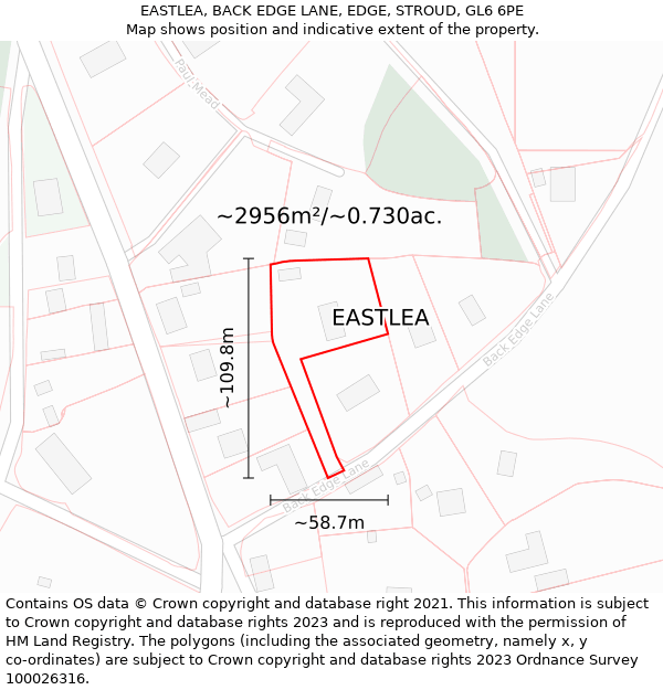 EASTLEA, BACK EDGE LANE, EDGE, STROUD, GL6 6PE: Plot and title map