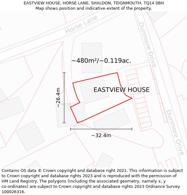 EASTVIEW HOUSE, HORSE LANE, SHALDON, TEIGNMOUTH, TQ14 0BH: Plot and title map