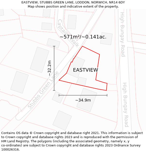 EASTVIEW, STUBBS GREEN LANE, LODDON, NORWICH, NR14 6DY: Plot and title map