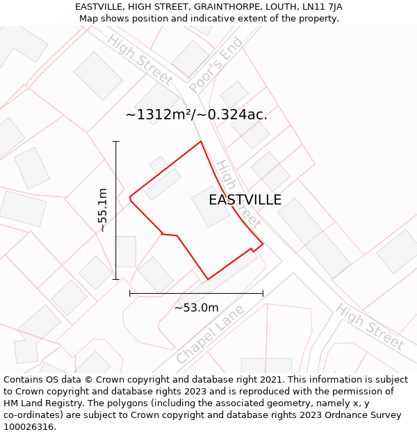 EASTVILLE, HIGH STREET, GRAINTHORPE, LOUTH, LN11 7JA: Plot and title map