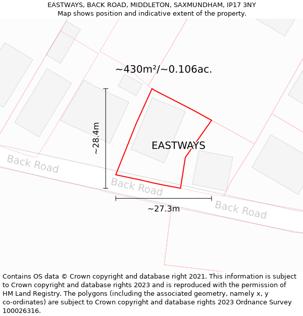 EASTWAYS, BACK ROAD, MIDDLETON, SAXMUNDHAM, IP17 3NY: Plot and title map