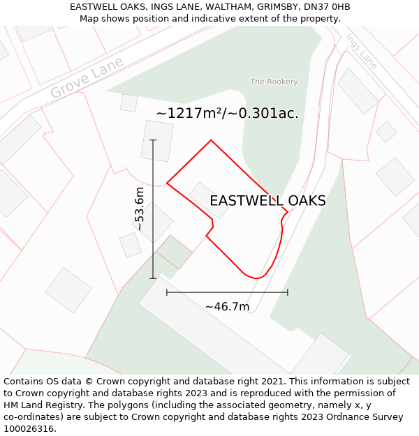 EASTWELL OAKS, INGS LANE, WALTHAM, GRIMSBY, DN37 0HB: Plot and title map