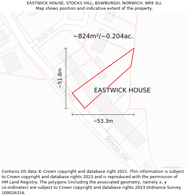 EASTWICK HOUSE, STOCKS HILL, BAWBURGH, NORWICH, NR9 3LL: Plot and title map