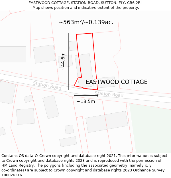 EASTWOOD COTTAGE, STATION ROAD, SUTTON, ELY, CB6 2RL: Plot and title map