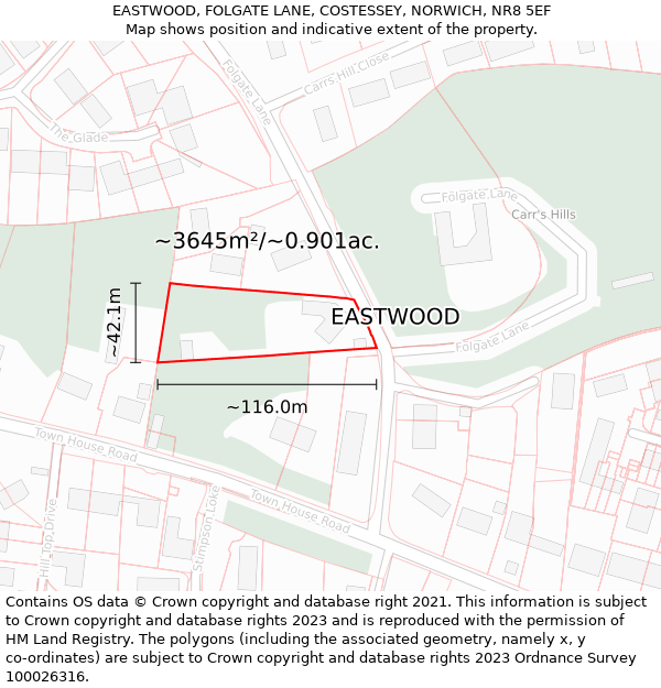 EASTWOOD, FOLGATE LANE, COSTESSEY, NORWICH, NR8 5EF: Plot and title map