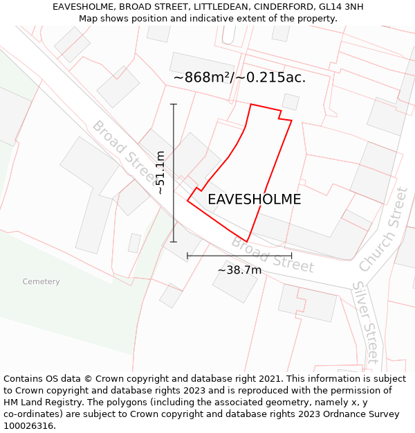 EAVESHOLME, BROAD STREET, LITTLEDEAN, CINDERFORD, GL14 3NH: Plot and title map