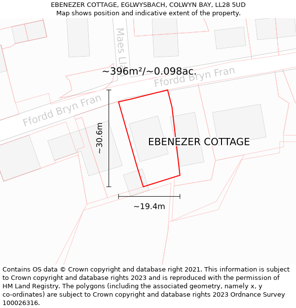 EBENEZER COTTAGE, EGLWYSBACH, COLWYN BAY, LL28 5UD: Plot and title map