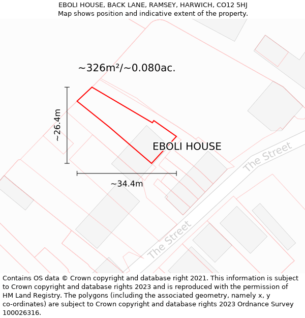 EBOLI HOUSE, BACK LANE, RAMSEY, HARWICH, CO12 5HJ: Plot and title map