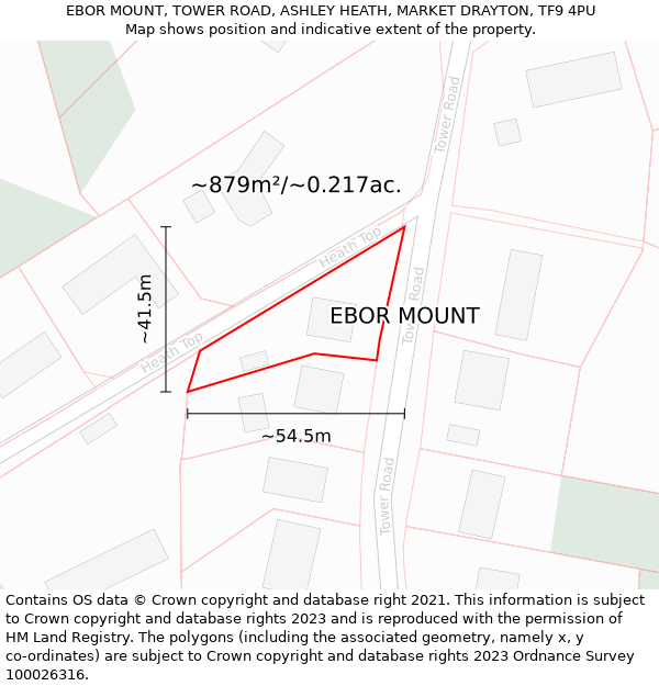 EBOR MOUNT, TOWER ROAD, ASHLEY HEATH, MARKET DRAYTON, TF9 4PU: Plot and title map