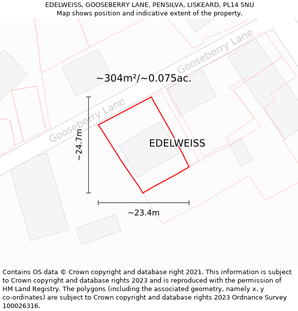 EDELWEISS, GOOSEBERRY LANE, PENSILVA, LISKEARD, PL14 5NU: Plot and title map