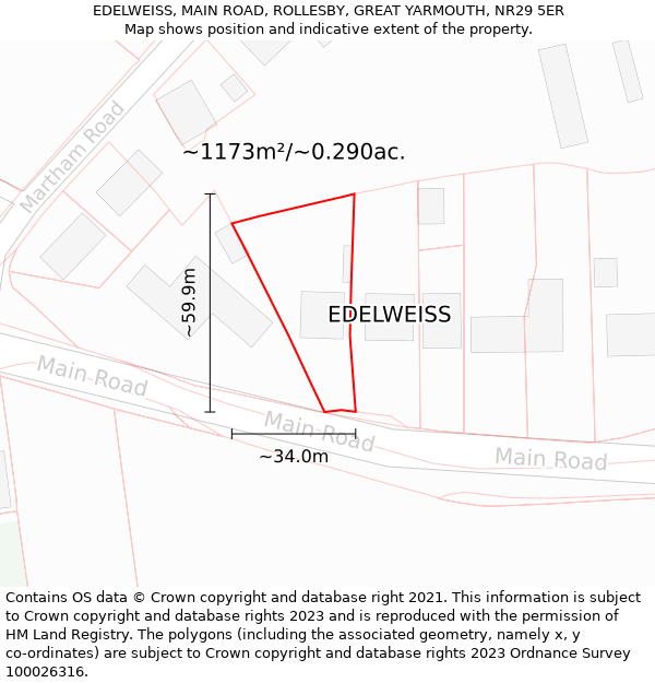 EDELWEISS, MAIN ROAD, ROLLESBY, GREAT YARMOUTH, NR29 5ER: Plot and title map