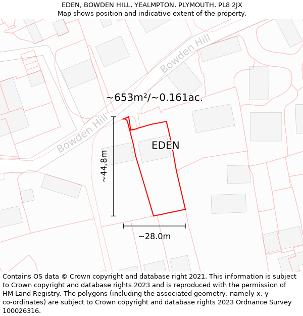 EDEN, BOWDEN HILL, YEALMPTON, PLYMOUTH, PL8 2JX: Plot and title map