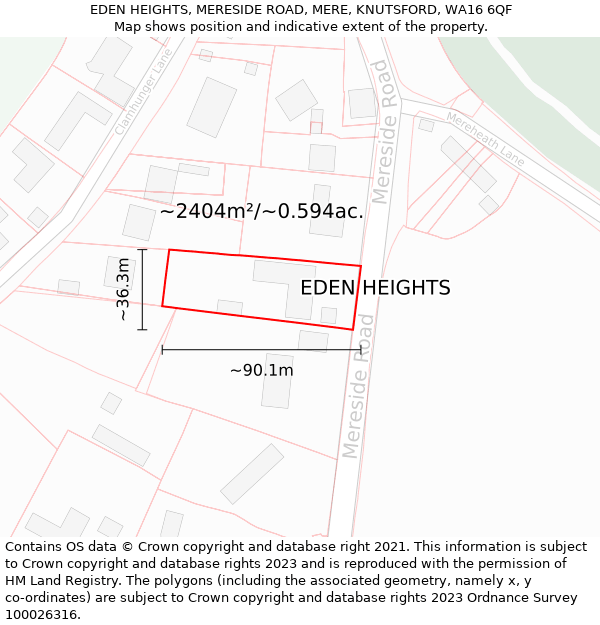 EDEN HEIGHTS, MERESIDE ROAD, MERE, KNUTSFORD, WA16 6QF: Plot and title map