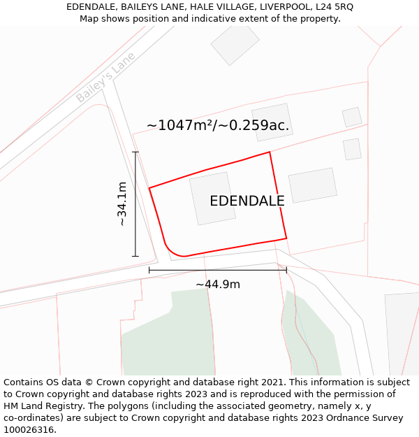 EDENDALE, BAILEYS LANE, HALE VILLAGE, LIVERPOOL, L24 5RQ: Plot and title map