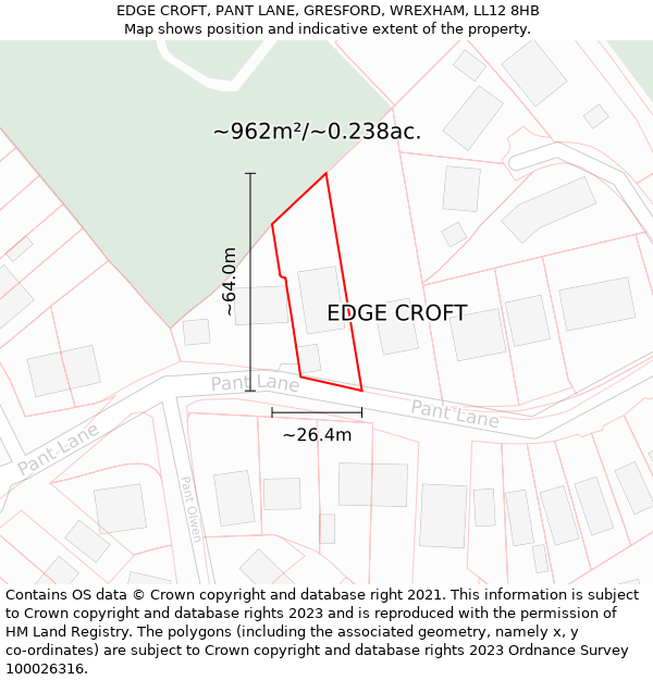 EDGE CROFT, PANT LANE, GRESFORD, WREXHAM, LL12 8HB: Plot and title map