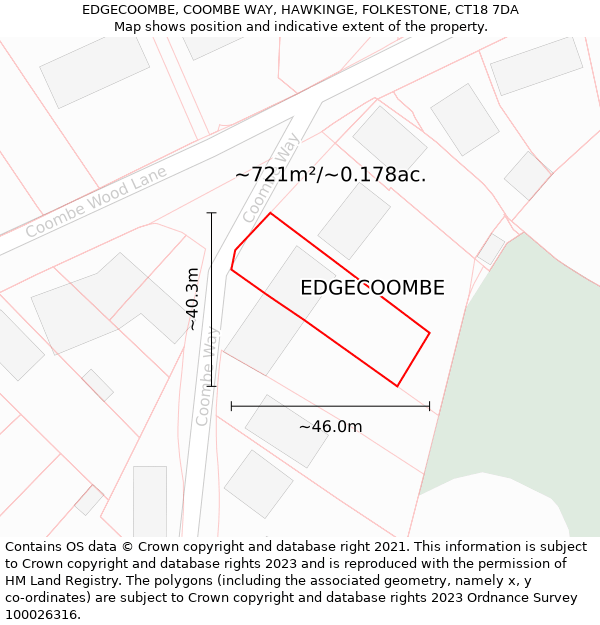 EDGECOOMBE, COOMBE WAY, HAWKINGE, FOLKESTONE, CT18 7DA: Plot and title map