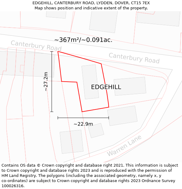 EDGEHILL, CANTERBURY ROAD, LYDDEN, DOVER, CT15 7EX: Plot and title map