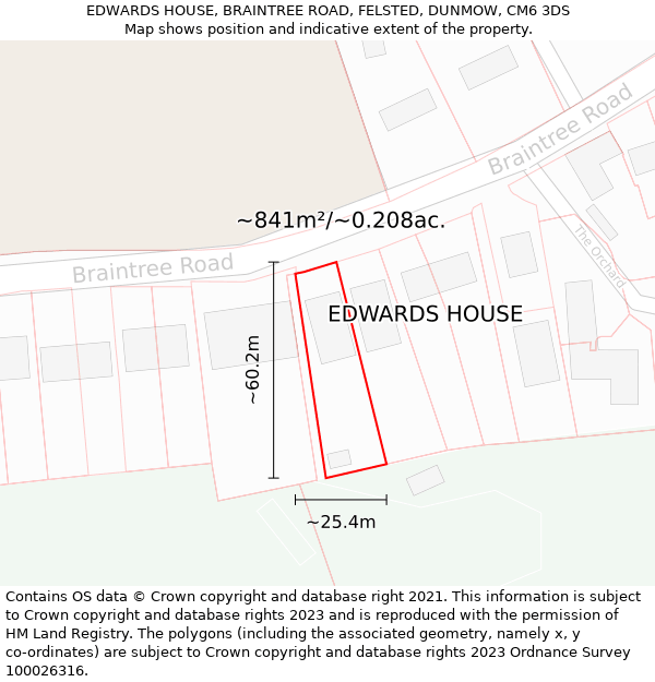 EDWARDS HOUSE, BRAINTREE ROAD, FELSTED, DUNMOW, CM6 3DS: Plot and title map