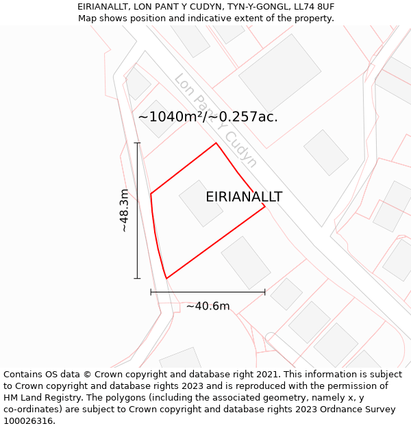 EIRIANALLT, LON PANT Y CUDYN, TYN-Y-GONGL, LL74 8UF: Plot and title map