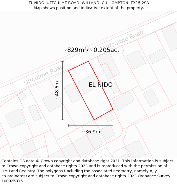 EL NIDO, UFFCULME ROAD, WILLAND, CULLOMPTON, EX15 2SA: Plot and title map