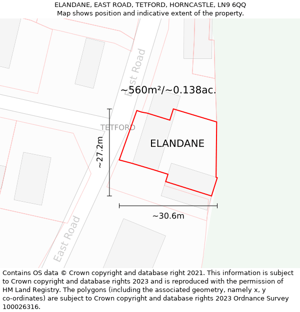 ELANDANE, EAST ROAD, TETFORD, HORNCASTLE, LN9 6QQ: Plot and title map